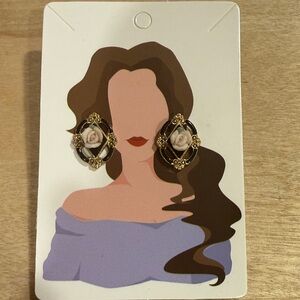 Vintage 1938 Gold Tone & Enamel Stud Earrings with Roses.